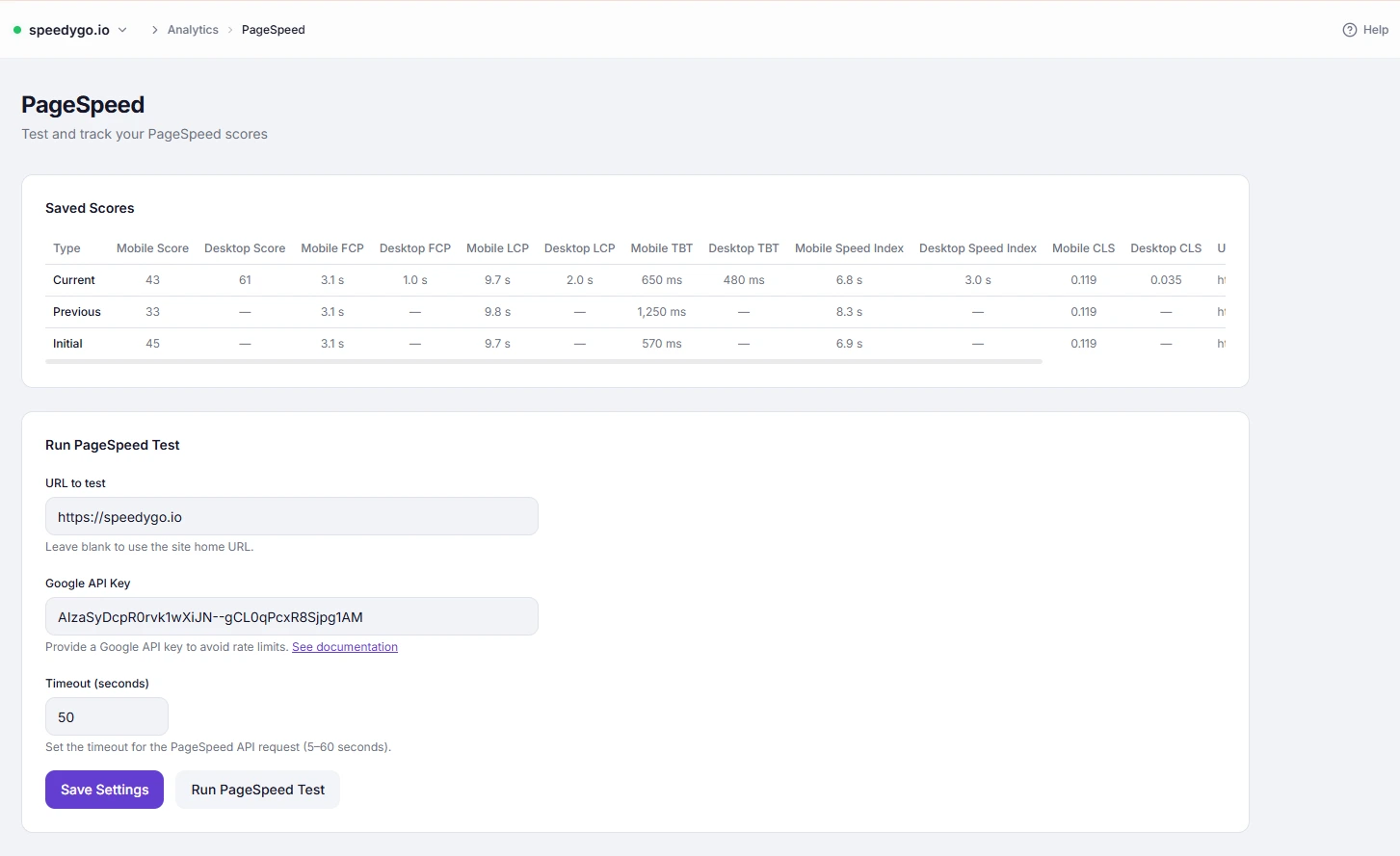 PageSpeed Analytics