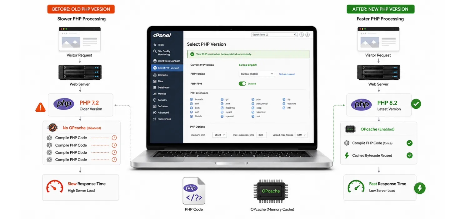 Update PHP and check that OPcache is on